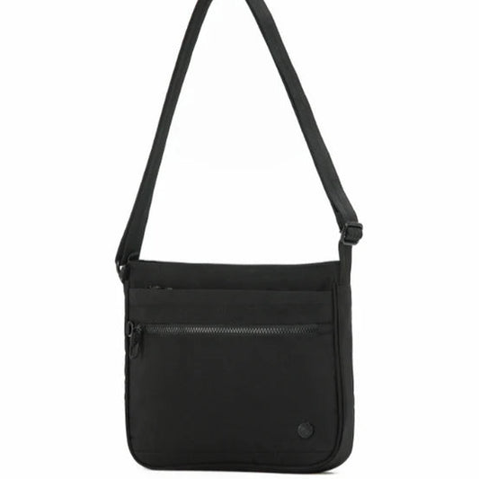 Black crossbody bag on a white background