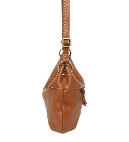Brown leather handbag with a strap on a white background