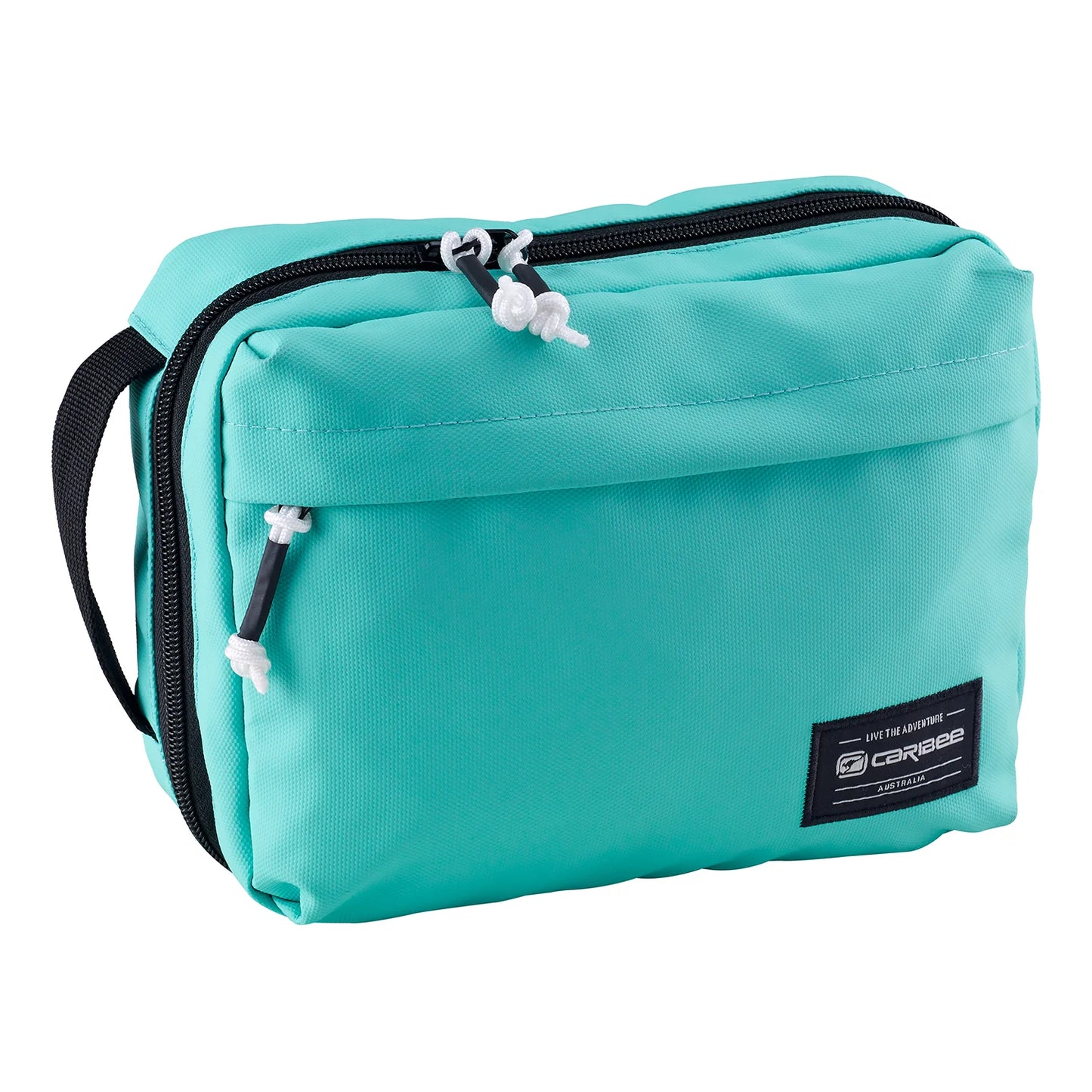 Turquoise toiletry bag with black zippers on a white background