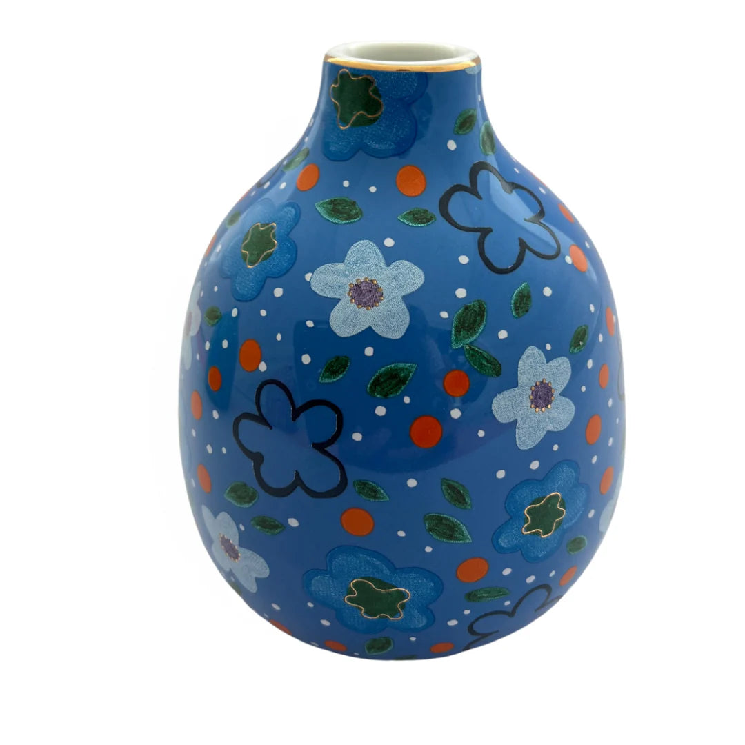 Blue vase with floral patterns on a white background