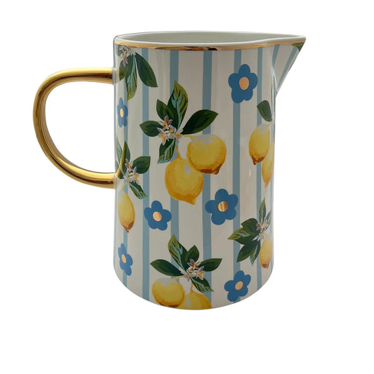 Decorative pitcher with lemon and flower pattern on a white background