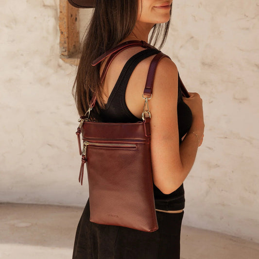 Louenhide Cressida Burgundy Crossbody Bag with structured silhouette and adjustable strap