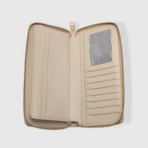 Beige travel wallet with zipper on a light gray background