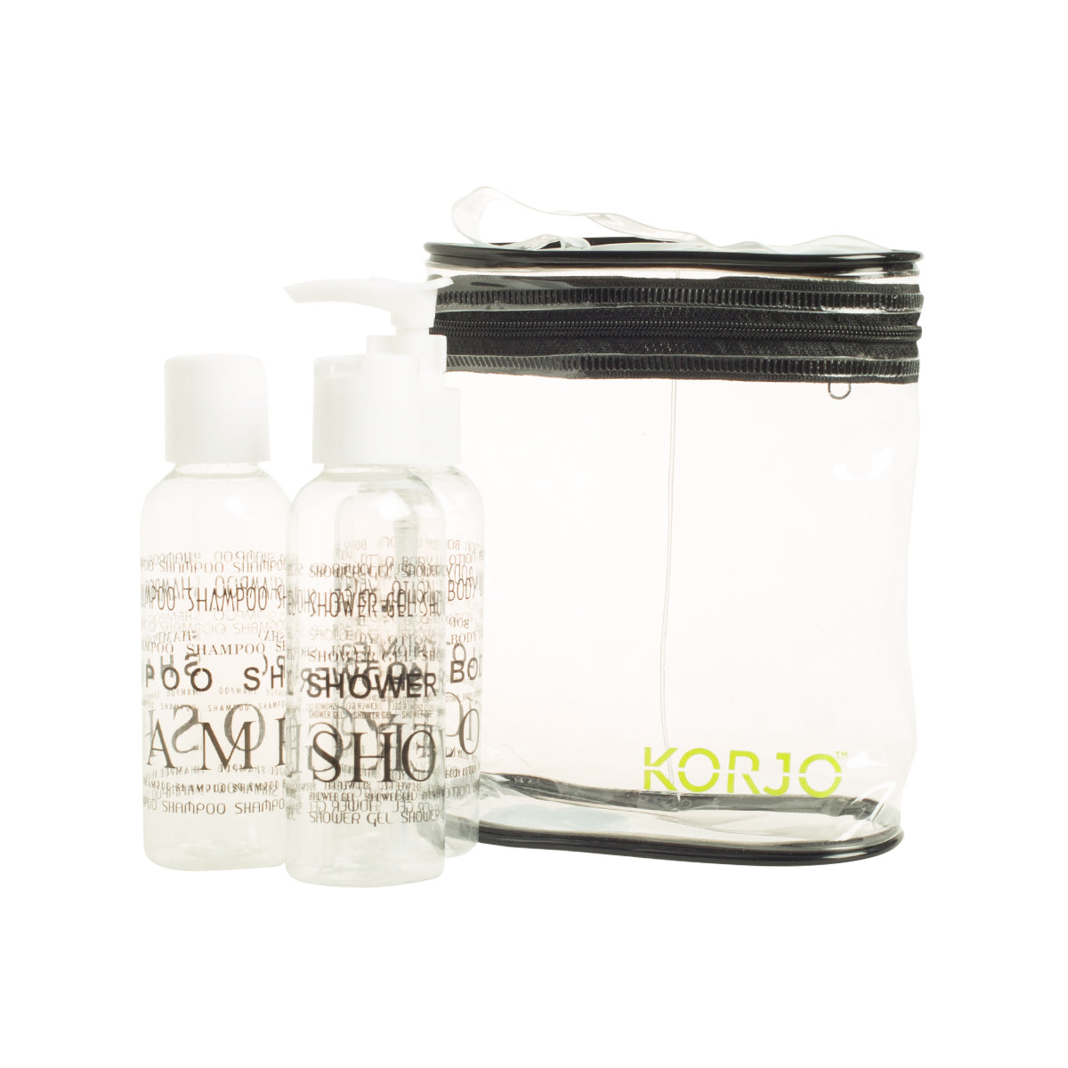 Clear travel-sized bottles with text and a black zippered pouch on a white background, featuring the brand 'Korjo'.