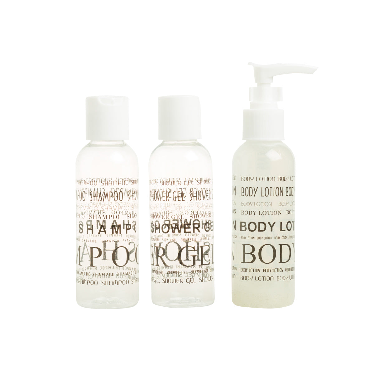 Set of shampoo, shower gel, and body lotion bottles on a white background