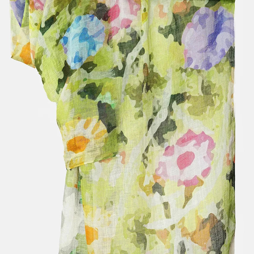 Soft Linen Scarf by Tradition Textiles - Floral Design in Pink, Gold, and Blue on Pale Green Background