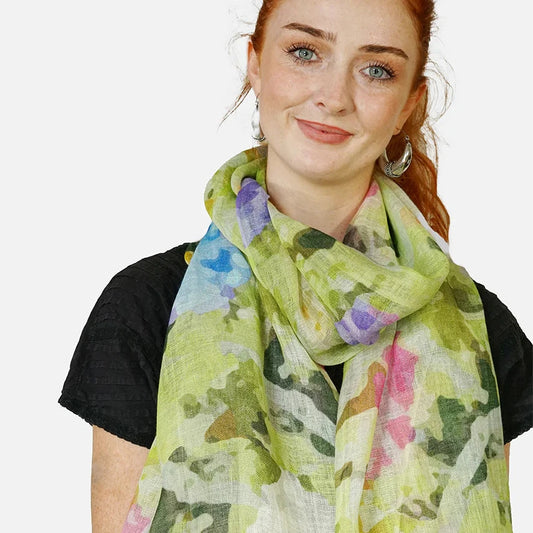 Soft Linen Scarf by Tradition Textiles - Floral Design in Pink, Gold, and Blue on Pale Green Background
