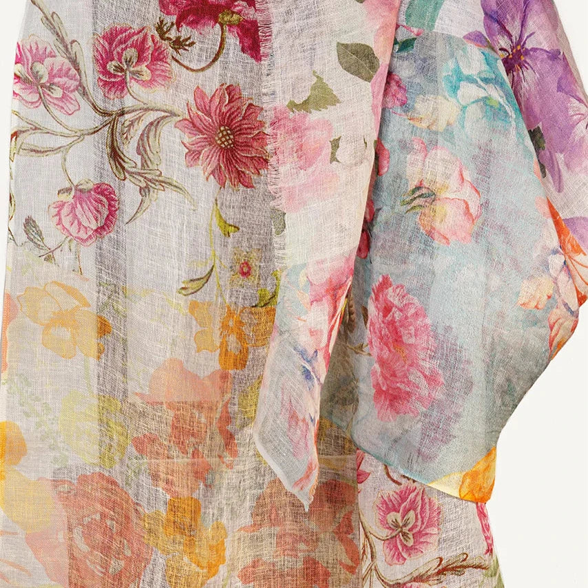 Soft Linen Scarf by Tradition Textiles - Spring Floral Patchwork Design on White Background.