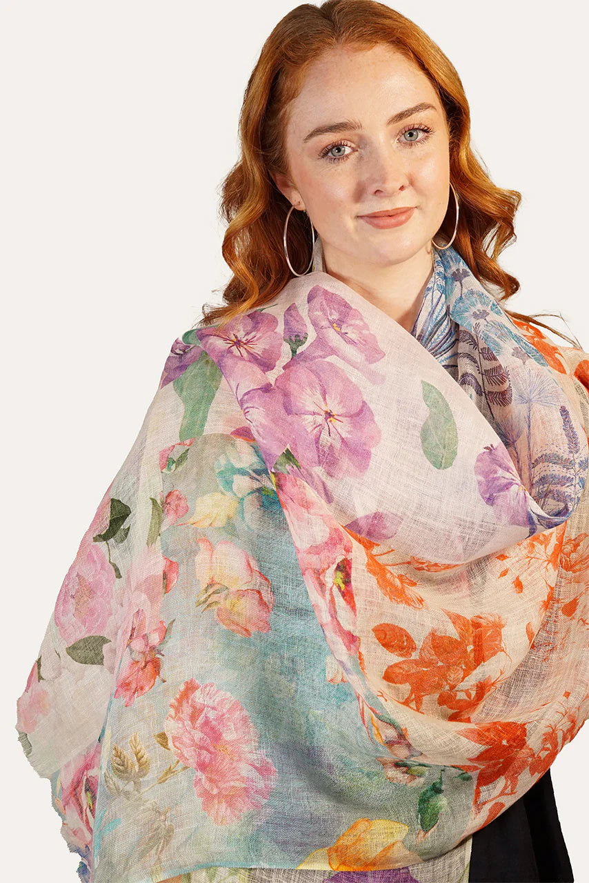 Soft Linen Scarf by Tradition Textiles - Spring Floral Patchwork Design on White Background.
