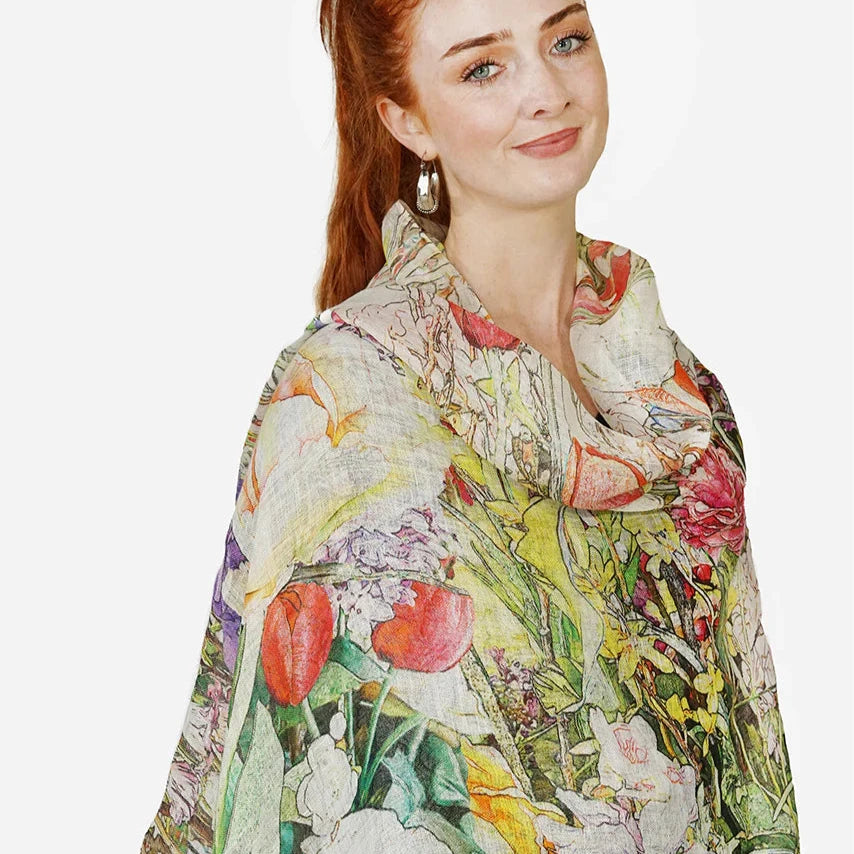 Soft Linen Scarf by Tradition Textiles - Multi-Coloured Floral Design on White."