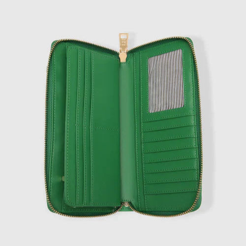 Green wallet with gold zipper on a light gray background