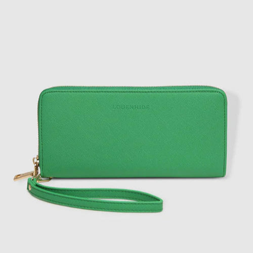 Green wallet with a strap on a light gray background