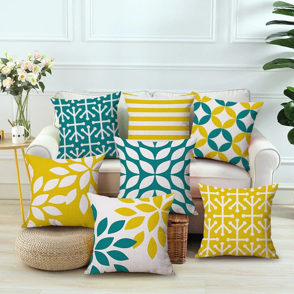 Nordic Yellow Green Geometric Print Cushion Cover - Modern Linen Pillow.