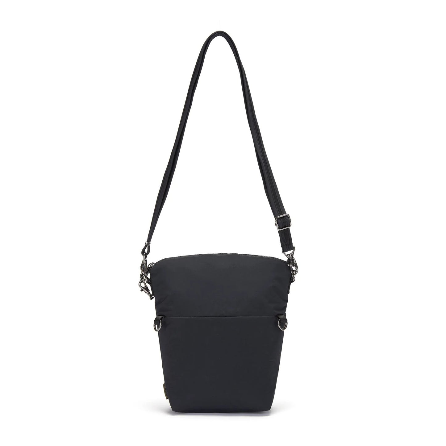 Black shoulder bag with a strap on a white background