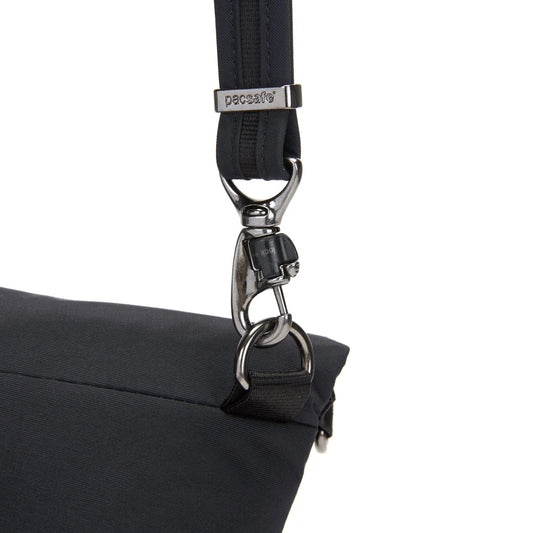 Close-up of a black bag with a adjustable strap featuring a metal clasp on a white background.