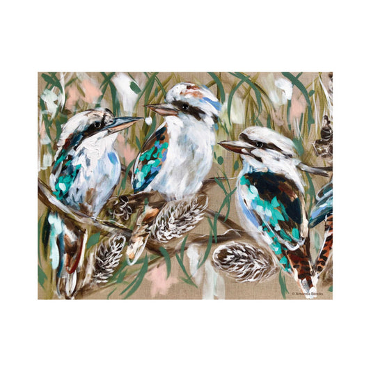 Artistic depiction of three birds perched on a branch with a natural background