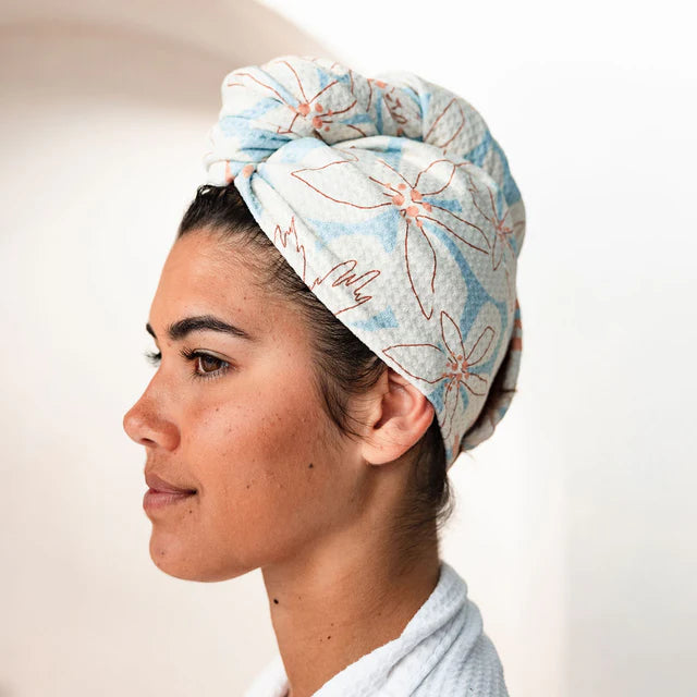 Woman wearing a floral quick dry hair wrap - Altona