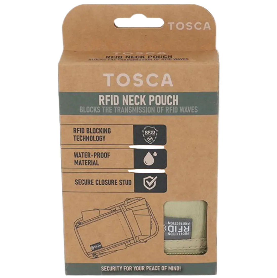 Tosca RFID neck pouch packaging on a white background