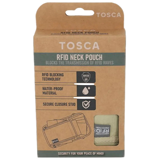 Tosca RFID neck pouch packaging on a white background