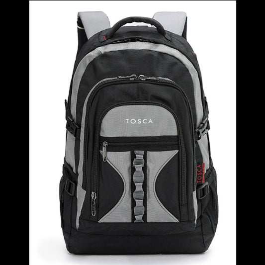 Black and gray backpack with 'Tosca' branding on a white background