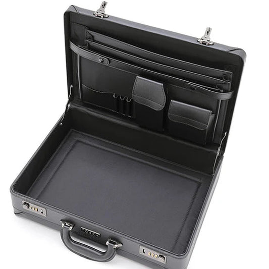 Black briefcase with compartments on a white background
