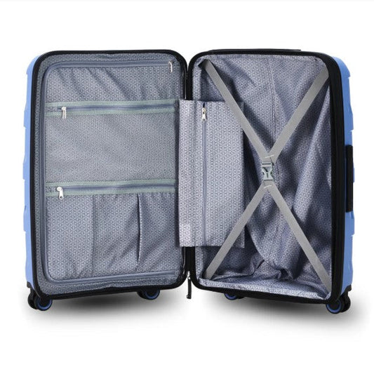 Open blue suitcase with interior compartments on a white background