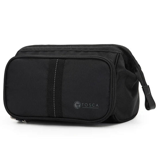 Black toiletry bag with 'Tosca' branding on a white background