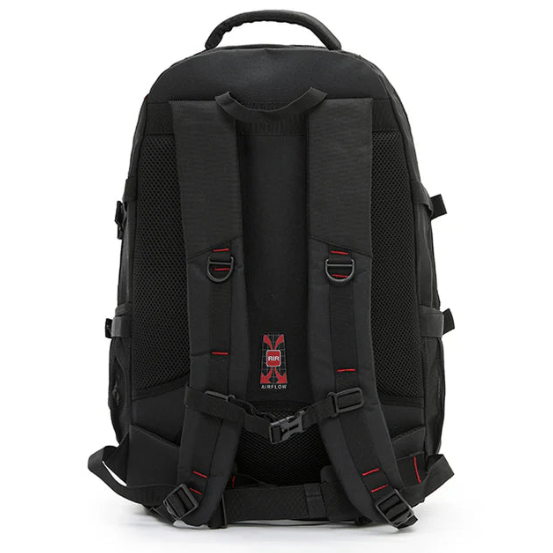 Black backpack with a visible brand logo on a white background