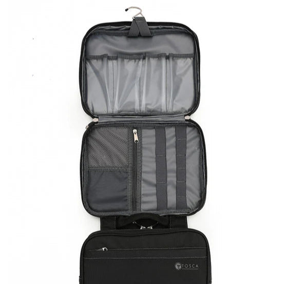 hanging view of the Black travel organizer with multiple compartments