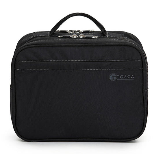 Black toiletry bag with a visible brand logo on a white background