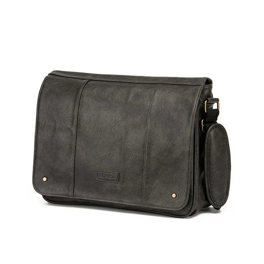 Black leather messenger bag on a white background front view.