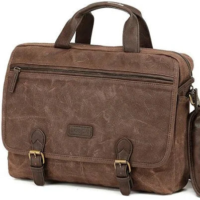 Brown canvas briefcase with shoulder strap on a white background