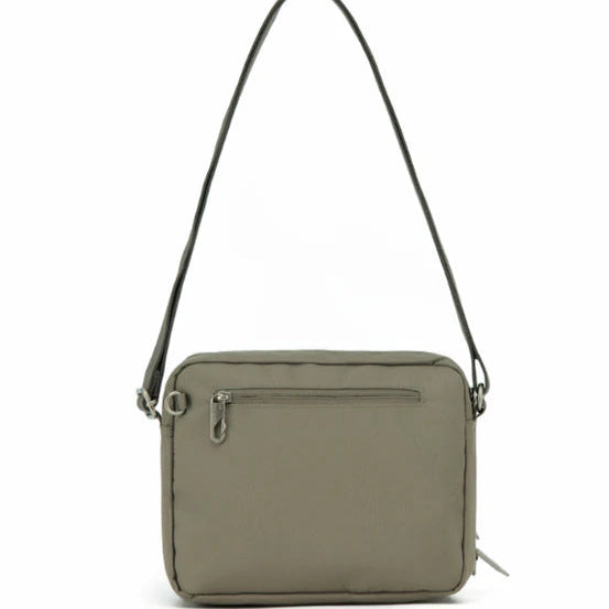 Taupe crossbody bag with a black strap on a white background
