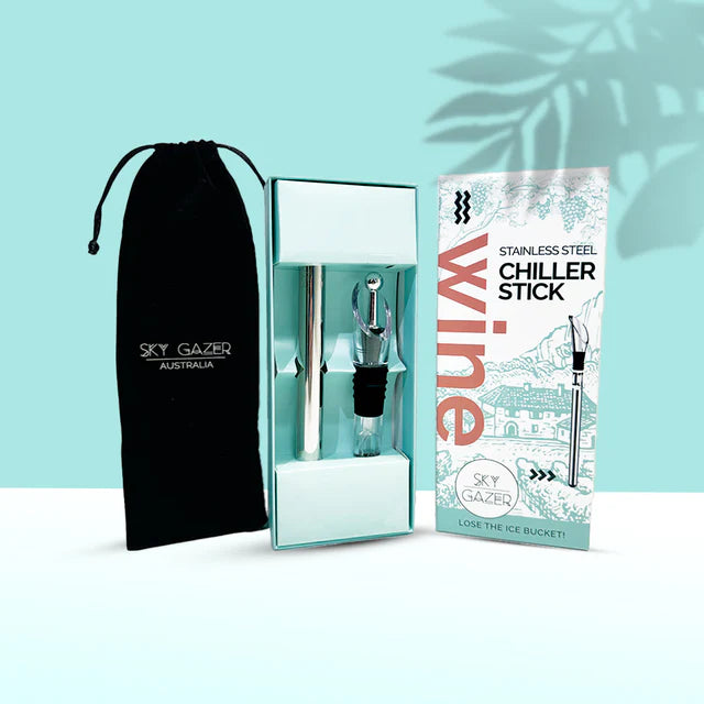 Wine chiller stick with packaging and drawstring bag on a light blue background