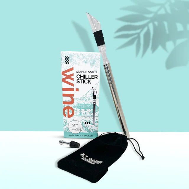 Wine chiller stick with packaging and black pouch on a light blue background