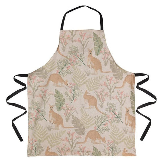 Apron with kangaroo and leaf pattern on a beige background
