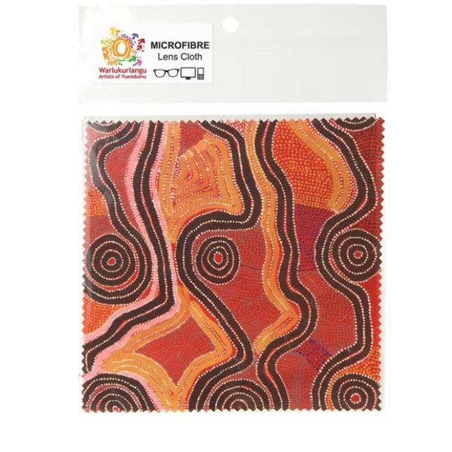 Microfibre lens cloth with Aboriginal art design on a white background