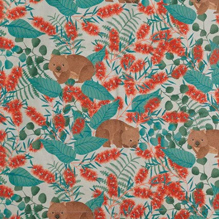 Patterned fabric with bears and red flowers on a light blue background