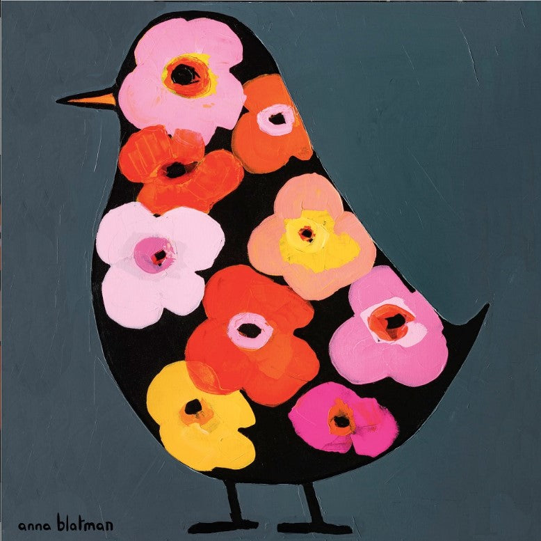 Artistic depiction of a bird with a floral pattern on a dark background