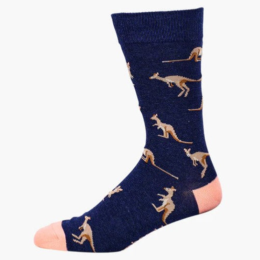 Navy sock with kangaroo pattern on a white background