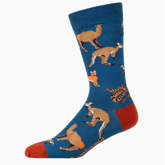 Blue sock with animal patterns on a white background