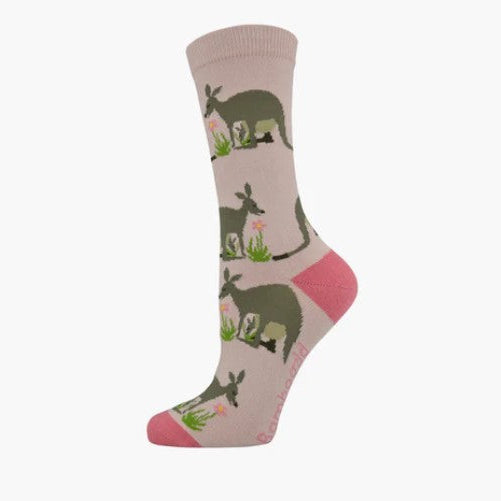 Sock with kangaroo design on a light pink background