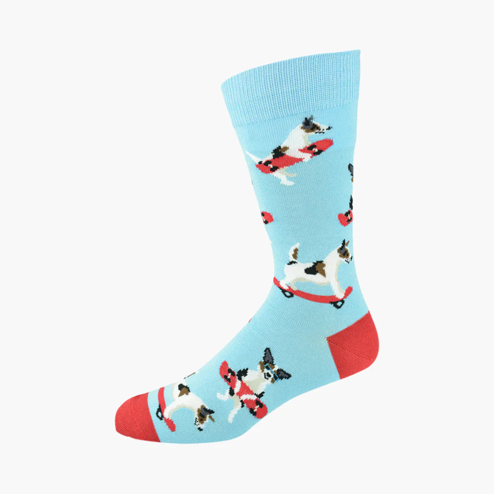 Light blue sock with dog illustrations on a white background