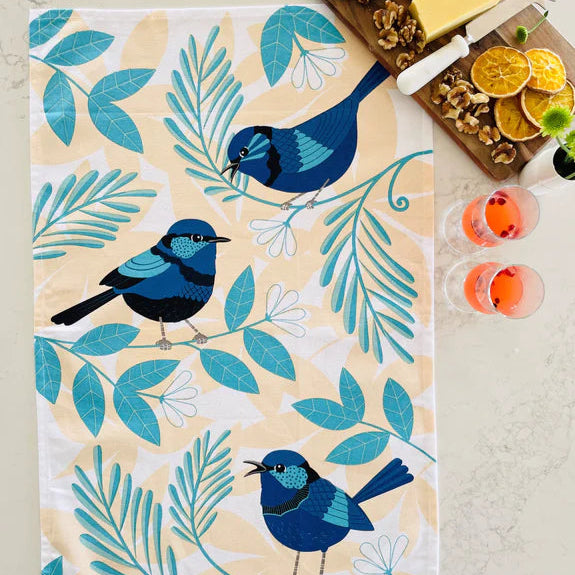 Tea Towel 100% Cotton - Blue Wrens