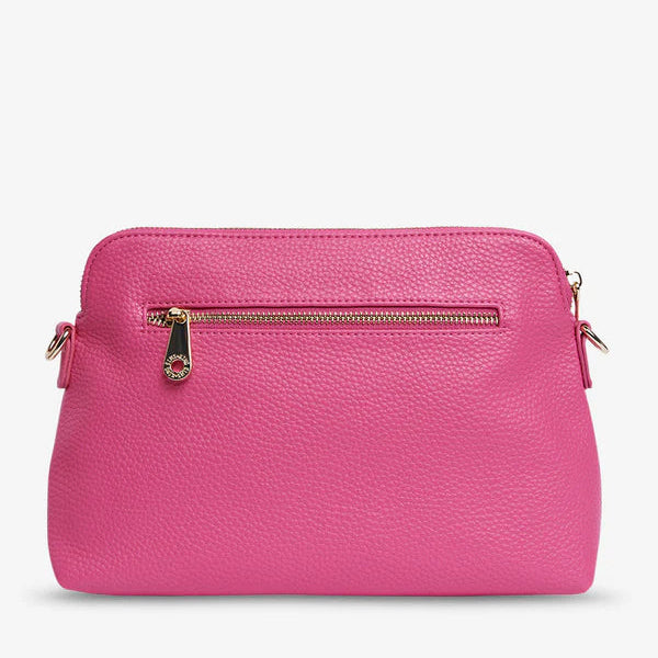 Detachable PU crossbody strap and wide striped cotton strap for Burbank Crossbody Large - rear view in Fuschia.