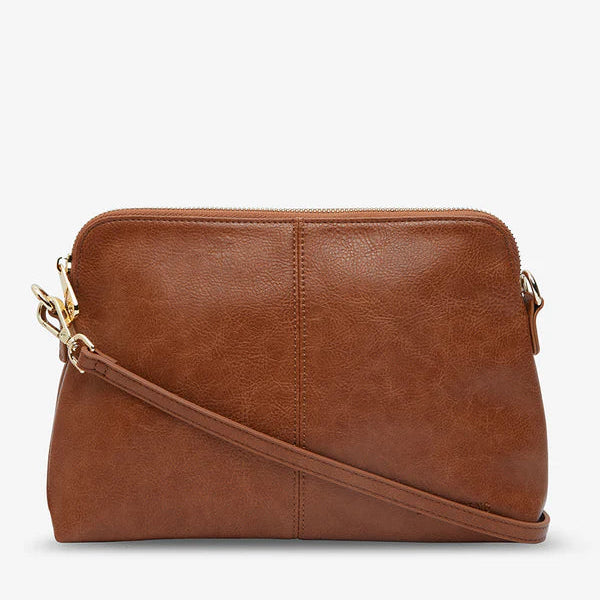 Detachable PU crossbody strap and wide striped cotton strap for Burbank Crossbody Large. With narrow strap on Tan Pebble.