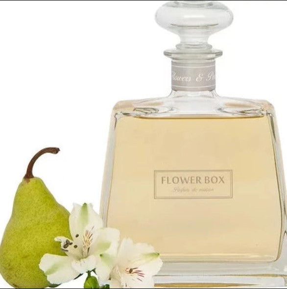 Perfume bottle labeled 'Flower Box' with a pear and flowers on a white background