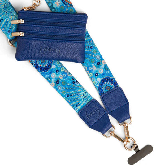 Blue floral-patterned bag strap with a card holder on a white background