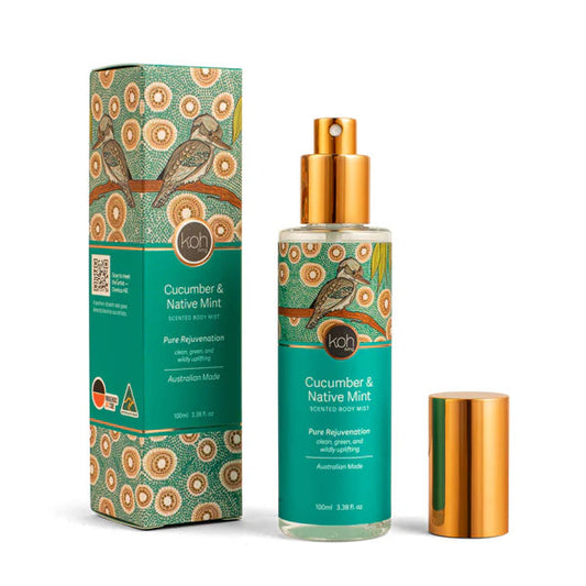 Koh Cucumber & Native Mint body mist with packaging on a white background