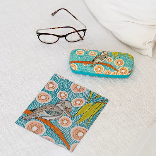 Colorful eyeglass case with kookaburradesign on a white surface